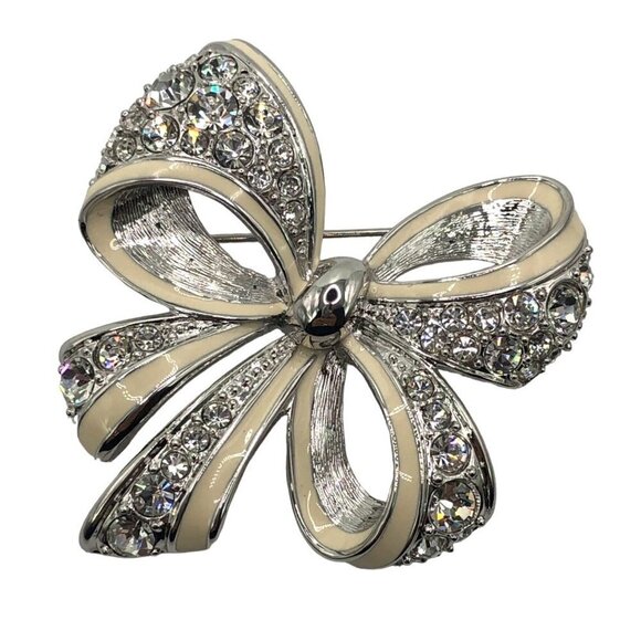 Nolan Miller Bow Pin Brooch Rhinestone Enamel Silver Tone - Picture 1 of 8